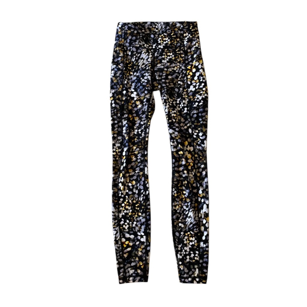 Lululemon leggings size 2 black with gray, white, and yellow pattern